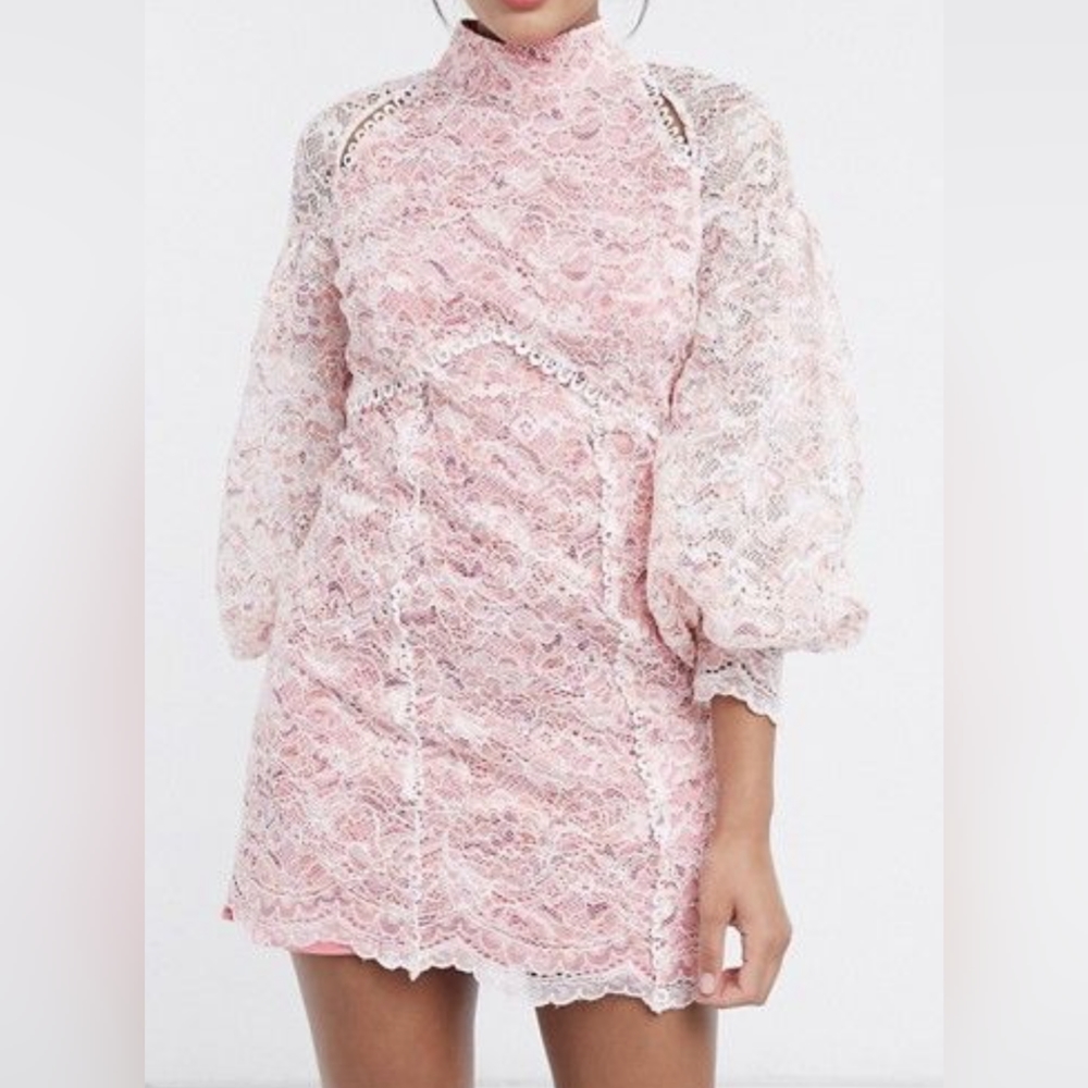 Asos River Island lace volume sleeve mini dress in pink - Beautiful & Romantic